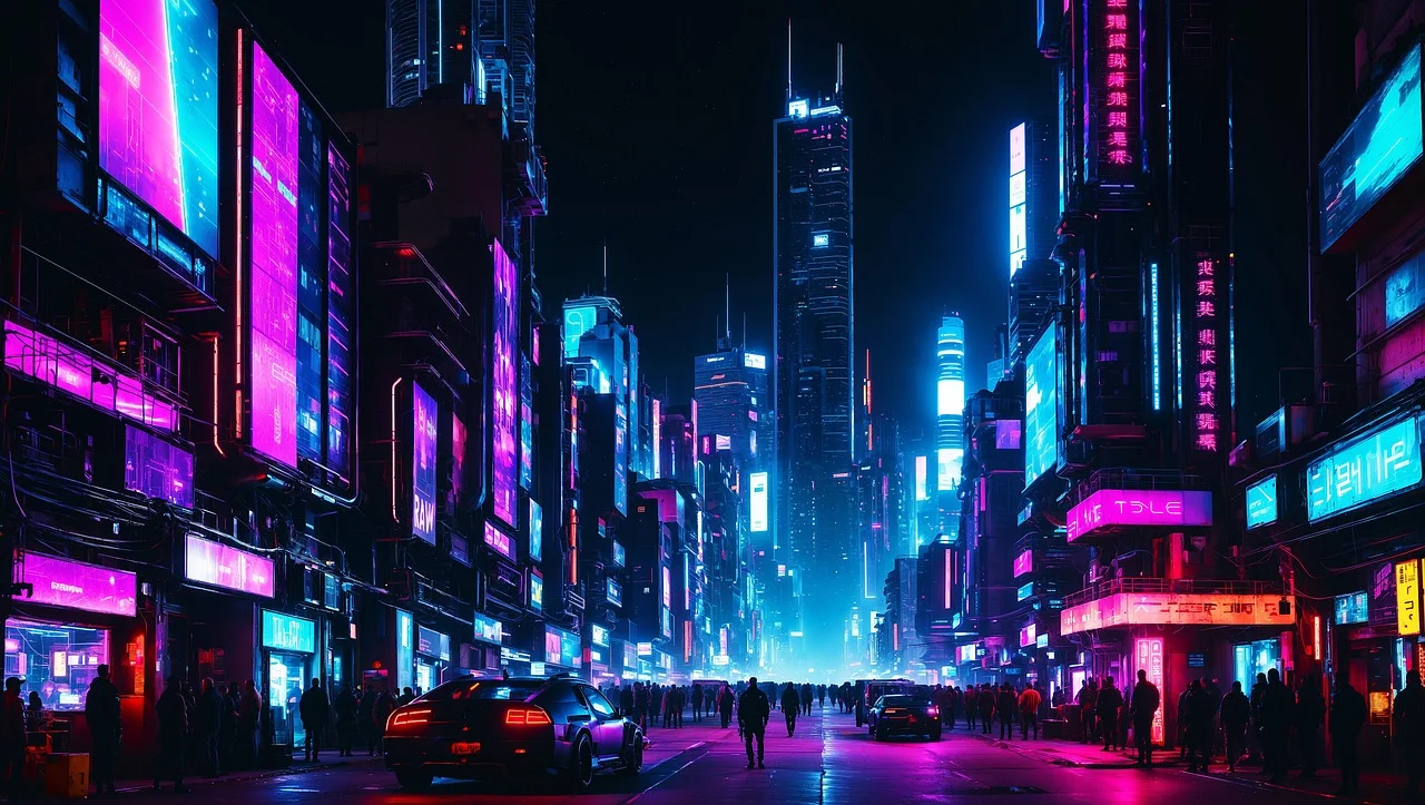 A panoramic, ethereal view of a futuristic city skyline at twilight, rendered with soft neon glows, holographic projections, and clean architectural lines.